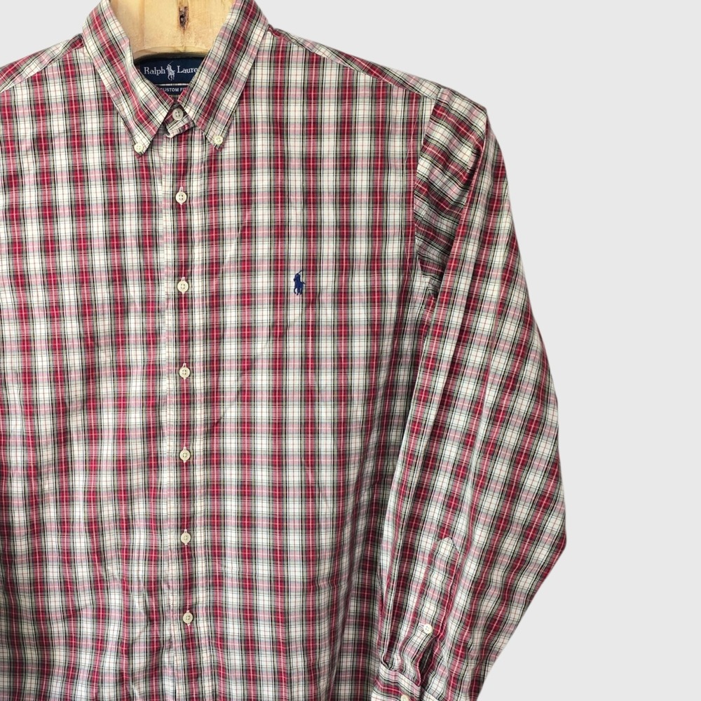 Ralph Lauren Mens Custom Fit Plaid Button Down Shirt Red White Sz 18 36/37 0700